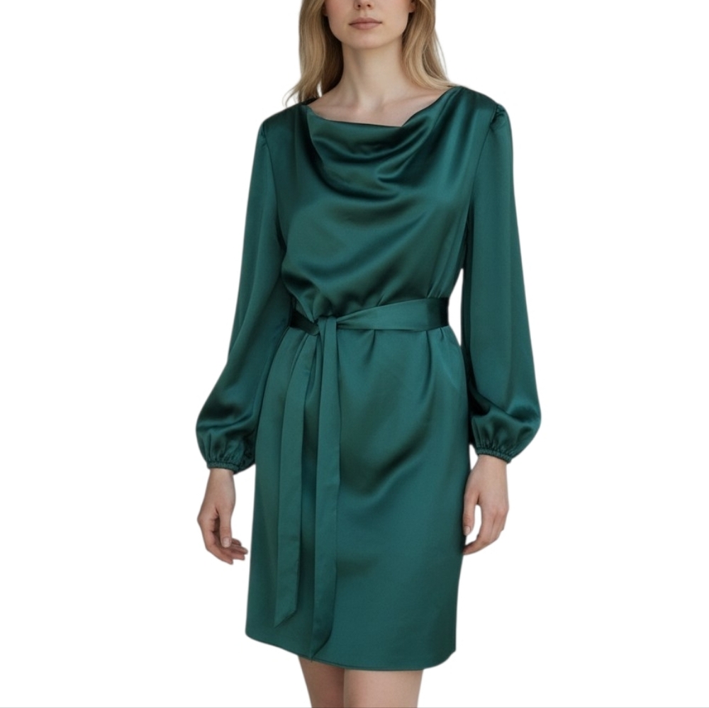Ann Taylor Elegant Green Satin Like Dress with Long Balloon Sleeves Size S